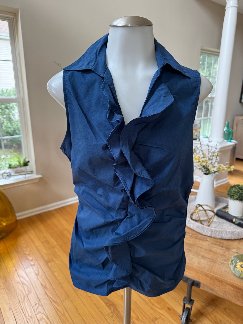 New York & Company Navy Ruffle Collared Sleeveless Blouse